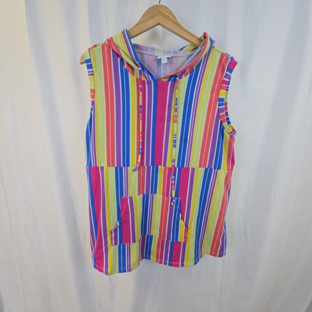LuLaRoe Hoodie Womens XL Multicolor Rainbow Stripe Sleeveless Pullover Top